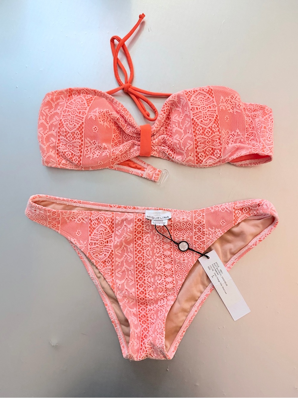 NWT Miguelina Coral Pink Lace Bandeau Bikini